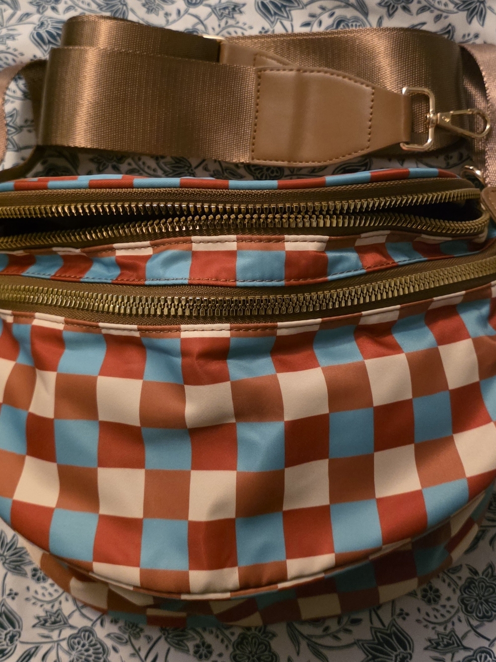 Women’s Checkerboard Crossbody Bag in Red, Blue, and Cream